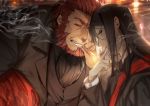  2boys ascot beard between_fingers black_clothes black_hair cigar cigarette facial_hair fate/grand_order fate/zero fate_(series) formal long_hair looking_back lord_el-melloi_ii male_focus multiple_boys no-kan older redhead rider_(fate/zero) sidelocks smoking stole suit waver_velvet 