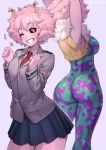  +++ 1girl ;d armpits arms_up artist_name ashido_mina ass bangs black_sclera black_skirt bodysuit boku_no_hero_academia clenched_hands commentary cowboy_shot english_commentary eyebrows_visible_through_hair fur_collar grey_jacket grin hands_up highres horns iwbitu-sa jacket looking_at_viewer multiple_views necktie one_eye_closed open_mouth pink_hair pink_skin red_neckwear school_uniform short_hair simple_background skirt smile teeth twitter_username u.a._school_uniform white_background yellow_eyes 