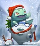  :d antlers black_eyes bulbasaur christmas claws creature fangs full_body galarian_darumaka galarian_form gen_1_pokemon gen_8_pokemon hat highres mcgmark no_humans one_eye_closed open_mouth pokemon pokemon_(creature) pokemon_on_head red_eyes santa_hat scarf signature smile snom snow snowing standing standing_on_one_leg striped striped_scarf 