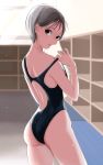  1girl ass back back_cutout backlighting bangs black_hair black_swimsuit blurry breasts competition_swimsuit contrapposto cowboy_shot depth_of_field drying from_behind hand_up head_tilt highleg highleg_swimsuit highres hip_bones indoors light_particles locker locker_room looking_at_viewer looking_back naco_0000 one-piece_swimsuit original parted_lips pulled_by_self short_hair shoulder_blades solo standing strap_pull sunlight swimsuit towel window 