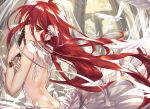  1girl ahoge alastor_(shakugan_no_shana) back backless_dress backless_outfit bangs bare_shoulders bird brown_eyes dove dress floating_hair flower hair_between_eyes hair_flower hair_ornament hand_on_own_arm highres holding holding_sword holding_weapon jewelry katana ks long_hair looking_at_viewer parted_lips pendant red_eyes redhead reverse_grip ribbon shakugan_no_shana shana sidelocks solo sword very_long_hair weapon wedding_dress white_dress white_flower white_ribbon wind 