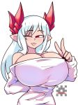  1girl artist_name bouncing_breasts breasts demon_girl demon_horns highres horns huge_breasts joeydrawss long_hair long_sleeves lorem_(musuko_ga_kawaikute_shikatanai_mazoku_no_hahaoya) mature musuko_ga_kawaikute_shikatanai_mazoku_no_hahaoya one_eye_closed red_eyes red_horns shirt shirt_tug signature thin_waist tongue tongue_out white_hair white_shirt 