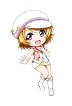  1girl :d bangs bare_arms bare_shoulders blush boots cabbie_hat chibi collarbone eyebrows_visible_through_hair full_body hat heart highres jacket knee_boots koizumi_hanayo kuena looking_at_viewer love_live! love_live!_school_idol_project love_marginal open_mouth orange_hair printemps_(love_live!) simple_background skirt sleeveless sleeveless_jacket smile solo violet_eyes white_background white_footwear white_headwear white_jacket white_skirt 