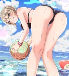  1girl ass ball bangs beach beachball bent_over bikini black_bikini blue_sky blush breasts clouds cloudy_sky commentary_request cowboy_shot earrings eyebrows_visible_through_hair fang from_behind grey_eyes grey_hair grin haruki_(haruki678) holding holding_ball idolmaster idolmaster_cinderella_girls jewelry large_breasts lens_flare light_particles light_rays looking_at_viewer o-ring o-ring_top ocean shiomi_shuuko short_hair sidelocks sky smile soaking_feet solo swimsuit ueki-chan water wet wristband 