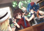  4girls ahoge anger_vein armpits black_jacket black_shirt blonde_hair blue_hair blue_neckwear blurry blurry_background brown_hair card card_game clothes_writing commentary depth_of_field dutch_angle english_commentary floating flying_sweatdrops from_behind ghost ghost_tail glasses green_eyes green_hair hair_ornament hair_over_one_eye hairclip hat headphones headphones_around_neck highres hitodama holding holding_card indoors jacket long_hair looking_at_another microskirt multiple_girls necktie necktie_grab neckwear_grab one_eye_closed open_mouth original pointy_ears ponytail red-framed_eyewear red_eyes red_shirt red_skirt sachisudesu scowl shirt short_hair short_sleeves sitting skirt sleeveless sleeveless_shirt smirk table teeth triangular_headpiece uno_(game) very_long_hair violet_eyes white_headwear white_shirt yellow_eyes 