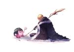  1boy 1other absurdres armor blonde_hair blue_hair candy cape dimitri_alexandre_blaiddyd fire_emblem fire_emblem:_three_houses food fur_trim highres holding kirby kirby_(series) lollipop open_mouth polearm shiburingaru short_hair simple_background super_smash_bros. weapon white_background 