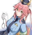  1girl absurdres animal_ear_fluff animal_ears breasts commentary commentary_request cuffs eyebrows_visible_through_hair fate/extra fate/grand_order fate_(series) fox_ears fox_girl fox_tail gloves handcuffs hat highres kamehito large_breasts looking_at_viewer looking_up necktie pink_hair police police_badge police_hat police_uniform policewoman simple_background solo tail tamamo_(fate)_(all) tamamo_no_mae_(fate) uniform white_background white_gloves yellow_eyes 