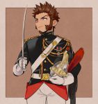  1boy alternate_costume beard blue_eyes brown_hair facial_hair fate/grand_order fate_(series) gloves long_sleeves looking_to_the_side male_focus military military_uniform napoleon_bonaparte_(fate/grand_order) shitappa sideburns simple_background smile solo stance sword uniform weapon 