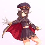  1girl ame. azur_lane bangs black_cape black_headwear black_shirt black_skirt blush breasts brown_eyes brown_hair cape closed_mouth commentary_request curled_horns eyebrows_visible_through_hair gloves hair_between_eyes hat highres horns long_sleeves midriff mikasa_(azur_lane) navel peaked_cap pleated_skirt purple_background red_cape shirt simple_background skirt small_breasts smile solo white_gloves 