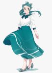  1girl alternate_costume blouse full_body green_eyes green_hair green_skirt grey_background grey_footwear highres irako_(kantai_collection) kantai_collection long_hair long_skirt long_sleeves looking_at_viewer ojipon ponytail simple_background skirt smile solo standing white_blouse 