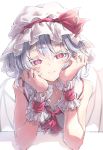  1girl bare_shoulders bat_wings closed_mouth collarbone darjeeling_(reley) dress elbow_rest frilled_shirt frilled_shirt_collar frills grey_hair hat head_on_hand highres mob_cap red_eyes red_neckwear remilia_scarlet shirt short_hair sleeveless slit_pupils smile solo touhou wings wrist_cuffs 