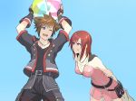  1boy 1girl blue_eyes breasts brown_hair commentary_request fingerless_gloves gloves gogo_(detteiu_de) highres hood jewelry kairi_(kingdom_hearts) kingdom_hearts kingdom_hearts_ii medium_hair necklace open_mouth redhead sleeveless smile sora_(kingdom_hearts) spiky_hair 