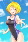  1girl ;d ahoge bangs black_swimsuit blonde_hair blue_sky breasts clouds collarbone competition_swimsuit covered_navel cowboy_shot day eyebrows_visible_through_hair hair_between_eyes highleg highleg_swimsuit highres hugtto!_precure kaatsukun kagayaki_homare looking_at_viewer medium_breasts one-piece_swimsuit one_eye_closed open_mouth outdoors outstretched_arm precure reaching_out shiny shiny_hair shiny_swimsuit short_hair sideboob sky smile solo standing sunlight swimsuit yellow_eyes 