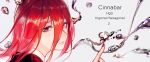  1other androgynous bangs character_name chemical_structure cinnabar close-up closed_mouth collar english_text face gem_uniform_(houseki_no_kuni) hair_between_eyes highres houseki_no_kuni liquid long_bangs long_hair longyu looking_at_viewer nail_polish red_eyes red_nails redhead shinsha_(houseki_no_kuni) tears 