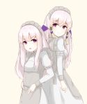  2girls age_comparison back-to-back chirun0 closed_mouth fire_emblem fire_emblem:_three_houses hair_ornament highres long_hair long_sleeves looking_back lysithea_von_ordelia maid maid_headdress multiple_girls open_mouth pink_eyes simple_background smile white_background white_hair 