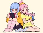  2girls alternate_costume alternate_hairstyle blue_hair braid brown_eyes cellphone crown_braid do_m_kaeru fire_emblem fire_emblem:_three_houses fire_emblem:_three_houses fire_emblem_16 hilda_valentine_goneril holding holding_cellphone holding_phone intelligent_systems knees_up long_hair long_sleeves marianne_von_edmund moe multiple_girls nintendo nintendo_switch open_mouth phone pink_eyes pink_hair ponytail short_sleeves simple_background sitting socks 