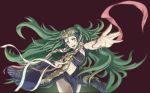  1girl bangs bare_shoulders blue_dress braid dress fire_emblem fire_emblem:_three_houses flowing_dress game_cg green_eyes green_hair hair_ribbon long_hair navel official_art pink_ribbon pointy_ears revealing_clothes ribbon ribbon_braid simple_background smile solo sothis_(fire_emblem) super_smash_bros. tagme thighs twin_braids very_long_hair white_background white_ribbon 