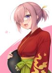  1girl bangs blush breasts commentary_request eyebrows_visible_through_hair eyes_visible_through_hair fate/grand_order fate_(series) glasses hair_over_one_eye hair_ribbon holding japanese_clothes kimono large_breasts looking_at_viewer mash_kyrielight nullken open_mouth pink_hair red_kimono ribbon short_hair smile solo violet_eyes yellow_ribbon 