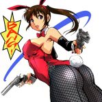  1girl aiming_at_viewer animal_ears armpits ass bangs bare_shoulders bow bowtie breasts brown_hair bunny_girl bunnysuit commentary_request detached_collar dual_wielding fake_animal_ears fishnet_legwear fishnets gun handgun holding holding_gun holding_weapon leotard long_hair medium_breasts medium_hair open_mouth original pantyhose rabbit_ears red_bow red_leotard red_neckwear revolver sideboob speech_bubble standing strapless strapless_leotard thighs violet_eyes weapon yuya 