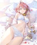  1girl absurdres bare_shoulders blue_eyes bra breasts closed_mouth highres holding huge_filesize lingerie looking_at_viewer lying medium_breasts navel on_back original panties phone pillow pink_hair short_hair solo stomach teffish thighs underwear underwear_only white_bra white_panties 