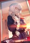  1girl ahoge bangs breasts fate/grand_order fate_(series) highres jeanne_d&#039;arc_(alter)_(fate) jeanne_d&#039;arc_(fate)_(all) lack large_breasts long_braid long_hair long_sleeves looking_at_viewer open_mouth silver_hair solo very_long_hair yellow_eyes 