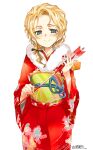  1girl aqua_eyes arrow_(projectile) blonde_hair blush facing_viewer floral_print hair_ornament hamaya highres holding japanese_clothes kimono kita_e kugimiya_atsuki looking_at_viewer new_year obi red_kimono sash smile solo tanya_lipinski wide_sleeves 