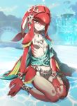  1girl anklet barefoot belt bracelet breasts fins fountain gills highres jewelry looking_at_viewer mipha monster_girl navel necklace nyoro_(nyoronyoro000) outdoors sitting smile solo tail the_legend_of_zelda wariza webbed_hands yellow_eyes zora 