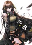  1girl absurdres bare_shoulders belt belt_pouch black_gloves breasts brown_eyes brown_hair csc00014 detached_sleeves gauntlets girls_frontline gloves green_shirt highres long_hair m4a1_(girls_frontline) magazine_(weapon) medium_breasts multicolored_hair parted_lips pouch shirt solo streaked_hair upper_body very_long_hair 