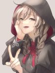  1girl ailiner7060 black_capelet black_dress braid breasts brown_hair capelet dress grey_background highres hood hood_up hooded_capelet kantai_collection large_breasts long_hair shinshuu_maru_(kantai_collection) simple_background smile solo teeth twin_braids upper_body 