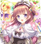  1girl :d atelier_(series) atelier_rorona black_bow blush bow brown_hair bug butterfly capelet flower gradient gradient_background hat heart insect looking_at_viewer open_mouth pink_background rororina_fryxell shizuki_ayame short_hair smile upper_body violet_eyes yellow_background 