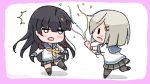  2girls bangs black_hair blush border chibi confetti gloves grey_skirt hair_ornament hair_ribbon hairclip hamakaze_(kantai_collection) isokaze_(kantai_collection) kantai_collection long_hair long_sleeves multiple_girls open_mouth pantyhose party_popper pink_border pleated_skirt ribbon sailor_collar sattsu school_uniform serafuku short_hair short_sleeves silver_hair simple_background skirt thigh-highs tress_ribbon twitter_username white_background white_gloves yellow_neckwear 