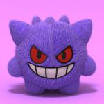  3d animated animated_gif character_doll commentary cortoony english_commentary gen_1_pokemon gengar grin huge_filesize no_humans photorealistic pokemon purple_background realistic red_eyes shadow simple_background smile solo spinning still_life 