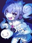  1girl ascot bags_under_eyes black_ascot blue_hair cape colored_skin frilled_sleeves frills fur_collar fur_trim ghost headphones headphones_removed highres ketopon living_clothes looking_at_viewer open_mouth original puffy_short_sleeves puffy_sleeves purple_background sharp_teeth short_sleeves solo teeth twintails upper_body violet_eyes white_skin 