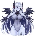  1girl ass_visible_through_thighs bangs barbariank bare_shoulders black_wings blue_skin blush breasts chain commentary covered_navel cowboy_shot cross dark_valkyrie_(monster_girl_encyclopedia) english_commentary eyebrows_visible_through_hair fallen_angel feathered_wings feathers gauntlets groin hair_feathers head_tilt highleg highleg_leotard horns incoming_hug large_breasts leotard long_hair monster_girl_encyclopedia nose_blush outstretched_arms pointy_ears silver_hair simple_background smile solo very_long_hair violet_eyes white_background wings 