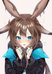  1girl amiya_(arknights) animal_ears arknights blue_eyes blush brown_hair commentary_request flapping_ears highres hoerutarou jacket long_hair long_sleeves looking_at_viewer multiple_rings open_mouth rabbit_ears solo thumb_ring upper_body 