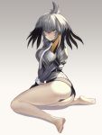  1girl ass bangs bare_legs barefoot between_legs black_gloves black_hair black_panties breast_pocket breast_squeeze breasts closed_mouth collared_shirt commentary_request expressionless eyebrows_visible_through_hair from_side full_body gloves green_eyes grey_hair grey_shirt hair_between_eyes highres kazto_furuya kemono_friends long_hair long_sleeves looking_at_viewer medium_breasts multicolored_hair necktie no_pants no_tail orange_hair own_hands_together pale_skin panties pocket shirt shoebill_(kemono_friends) short_over_long_sleeves short_sleeves sidelocks sitting soles solo toenails toes twisted_torso underwear v_arms white_neckwear wing_collar 