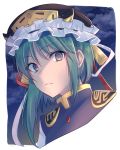  1girl asa_(coco) bangs black_headwear blue_vest clouds commentary_request epaulettes eyebrows_visible_through_hair frilled_hat frills green_hair grey_eyes hair_between_eyes hat hat_ribbon long_hair looking_at_viewer night night_sky red_ribbon ribbon shiki_eiki sidelocks sky solo touhou upper_body vest white_background white_ribbon 