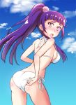  1girl adjusting_clothes adjusting_swimsuit bangs bikini blue_sky blunt_bangs blush breasts clouds cowboy_shot day floating_hair from_behind hair_ornament halterneck high_ponytail izayoi_liko kaatsukun leaning_forward long_hair looking_at_viewer looking_back mahou_girls_precure! medium_breasts open_mouth outdoors precure purple_hair shiny shiny_hair shoulder_blades side-tie_bikini sideboob sky solo swimsuit under_boob very_long_hair white_bikini yellow_eyes 