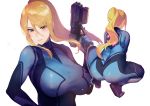  1girl absurdres ass back bangs blue_bodysuit blue_eyes blush bodysuit breasts fanbox_reward gun hair_between_eyes high_ponytail highres holding holding_gun holding_weapon iku_(ikuchan_kaoru) large_breasts long_hair looking_at_viewer metroid mole mole_under_mouth multiple_views paid_reward paralyzer ponytail samus_aran sidelocks simple_background smile squatting stun_gun thighs weapon white_background zero_suit 