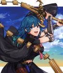  1girl black_legwear blue_eyes blue_hair breasts byleth_(fire_emblem) byleth_eisner_(female) clouds detached_collar eyebrows_visible_through_hair fire_emblem fire_emblem:_three_houses highres jacket_on_shoulders kamu_(kamuuei) large_breasts long_hair navel open_mouth pantyhose shorts sky smile sword_of_the_creator vambraces weapon whip_sword 