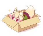  1girl animal_ear_fluff animal_ears blonde_hair box cardboard_box commentary eyebrows_visible_through_hair for_adoption fox_ears fox_girl fox_tail hair_ornament hair_stick in_box in_container kemomimi-chan_(naga_u) looking_at_viewer naga_u original simple_background solo tail tail_wagging violet_eyes white_background 