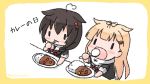  2girls :3 ahoge bangs blonde_hair blush border braid brown_hair chibi curry curry_rice eating food hair_flaps hair_ornament hair_ribbon hairclip holding holding_spoon kantai_collection long_hair multiple_girls open_mouth plate red_neckwear remodel_(kantai_collection) ribbon rice sailor_collar sattsu scarf school_uniform serafuku shigure_(kantai_collection) short_sleeves simple_background single_braid spoon twitter_username white_background white_scarf yuudachi_(kantai_collection) 