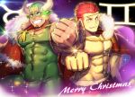  2boys abs bara beard blue_eyes bulge cape chest clenched_hand collar dark_skin facial_hair green_eyes grin looking_at_viewer male_focus mask multiple_boys muscle nipples pectorals pointy_ears smile taurus_mask teeth tokyo_houkago_summoners waku_(ayamix) wrestling_outfit 