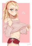  1girl alternate_costume alternate_hairstyle blonde_hair blush border cowboy_shot darahan dressing fate/apocrypha fate/grand_order fate_(series) from_side green_eyes groin long_hair looking_at_viewer mordred_(fate) mordred_(fate)_(all) navel outside_border pink_background short_shorts shorts solo white_border 