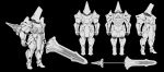  absurdres black_background double-blade greyscale high_heels highres holding holding_sword holding_weapon monochrome multiple_views original radiation_symbol robot simple_background standing sunligh_mao sword turnaround weapon 