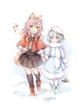  2girls :d :o animal_ears black_legwear black_skirt blue_coat blue_footwear blush boots brown_hair capelet center_frills commentary_request fang frilled_skirt frills fur-trimmed_sleeves fur_collar fur_trim grey_eyes grey_hair holding_hands hood hood_down hooded_capelet kneehighs long_hair long_sleeves mittens multiple_girls open_mouth original pantyhose parted_lips pink_hair pleated_skirt red_capelet red_footwear shirt skirt smile snow tail translation_request walking wataame27 white_legwear white_mittens white_shirt wolf_ears wolf_girl wolf_tail 