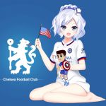  american_flag barefoot blue_eyes chelsea_fc commentary_request doll doll_hug hat no_panties open_mouth ponytail prinz_eugen1938 shield shirt sigsbee_(warship_girls_r) silver_hair sitting warship_girls_r 