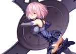  1girl armor armored_dress breasts fate/grand_order fate_(series) gloves hair_over_one_eye large_breasts lavender_hair looking_at_viewer mash_kyrielight open_mouth porikeracchou purple_gloves shield short_hair simple_background solo violet_eyes white_background 