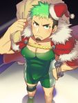  abs bara beard blush cape chest dark_skin eyebrows facial_hair full_body gift_bag green_eyes hand_on_hip hat looking_at_viewer male_focus multicolored_hair muscle pectorals santa_hat simple_background solo standing taurus_mask tokyo_houkago_summoners waku_(ayamix) wrestling_outfit 