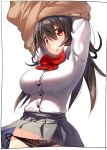  1girl arms_up bangs black_hair black_panties blush bow breasts brown_sweater collared_shirt dress_shirt eyebrows_visible_through_hair flying_sweatdrops grey_skirt groin hair_between_eyes highres kei_(soundcross) large_breasts long_hair looking_at_viewer open_mouth original panties pleated_skirt red_bow red_eyes shirt side-tie_panties skirt skirt_lift solo sweater underwear undressing very_long_hair white_background white_shirt 